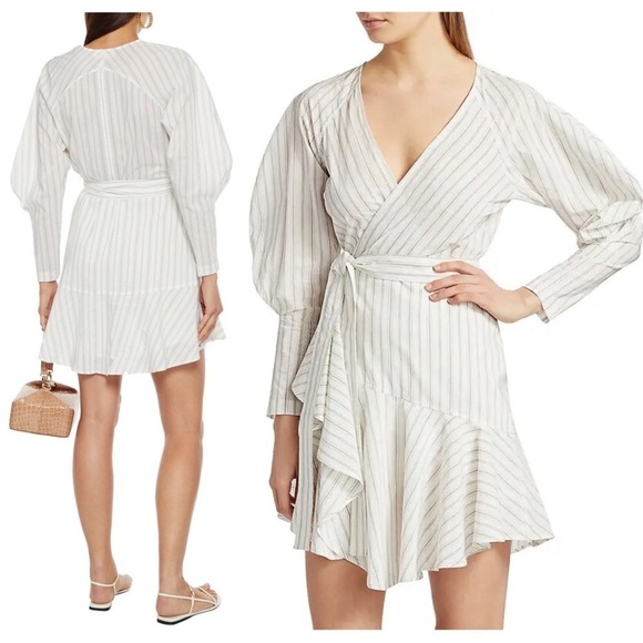 NWT ALC Striped Cotton Silk Blend Puff Long Sleeve Ruffle Hem Wrap Waist Dress 6 - Picture 2 of 12